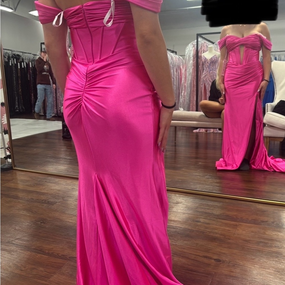 Rachel Allan Fuchsia Off-Shoulder Prom Dress